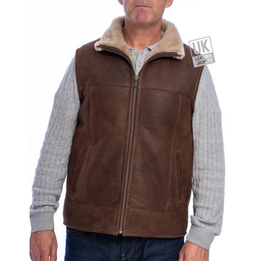 Mens Shearling Sheepskin Gilet - Vancouver - Chestnut Brown - Fold Down Collar