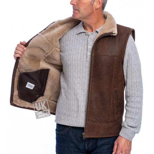 Mens Shearling Sheepskin Gilet - Vancouver - Chestnut Brown - Full Wool Lining