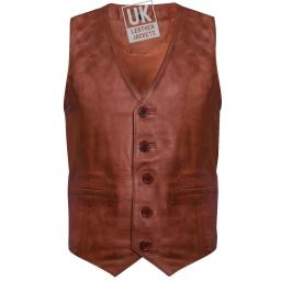 Men's  Chestnut Tan Leather Waistcoat - Front