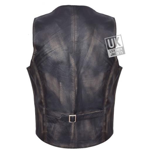 Mens Faded Vintage Black Leather Waistcoat - Back