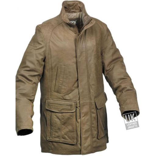 Mens 3/4 Length Khaki Green Leather Coat - Hexham - Front