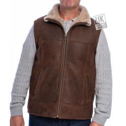 VMens Shearling Sheepskin Gilet - Vancouva - Chestnut Brown - Collar Down