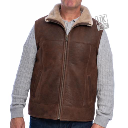 VMens Shearling Sheepskin Gilet - Vancouva - Chestnut Brown - Collar Down