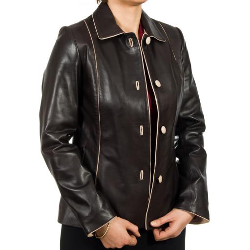 Ladies Black with Ivory Trim Leather Jacket - Ariel - Front