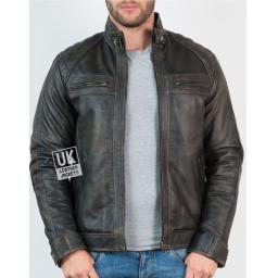 Mens Faded Black Leather Jacket - Lancer - Front 1