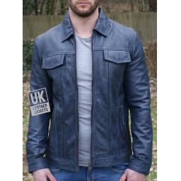 Mens Blue Leather Jacket - Flint - Vintage Blue - Front 2