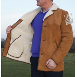 Mens Tan Sheepskin Car Coat - Foxhills - Wool Interior