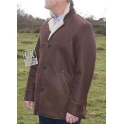 Mens Brown Sheepskin Car Coat - Foxhill - Cream Wool - Side