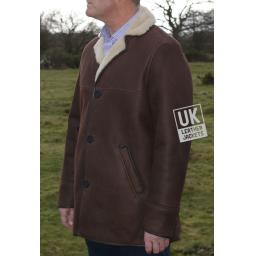 Mens Brown Sheepskin Car Coat - Foxhill -- Cream Wool - Front Side