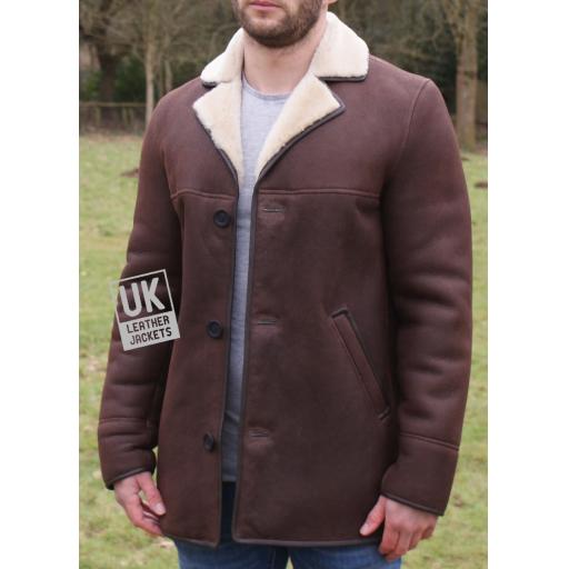 Mens Brown Sheepskin Jacket - Hip Length - Superior Quality