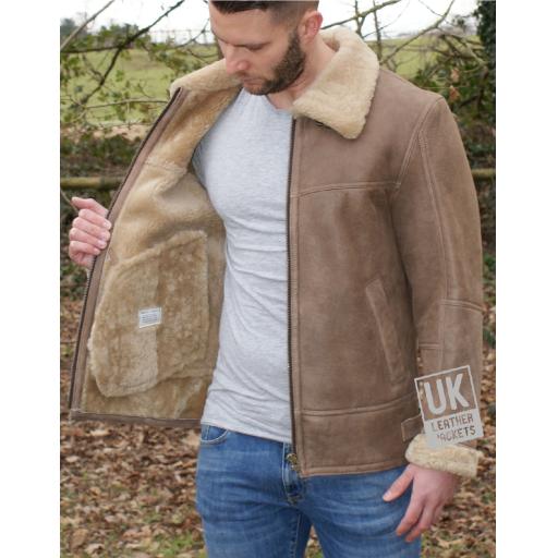 Mens Sheepskin Flying Jacket - Calgary - Light Brown - Wool Interior