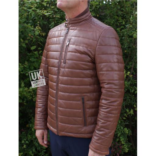 Mens Light Brown  Leather Jacket - Ultra Light Quilted - Side