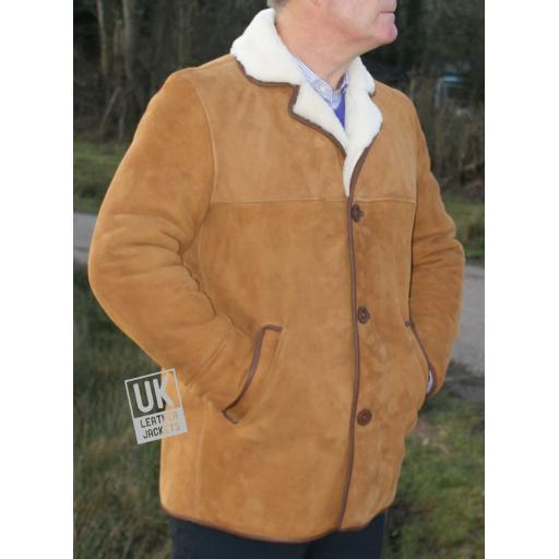 Mens Tan Sheepskin Car Coat - Foxhills - Front