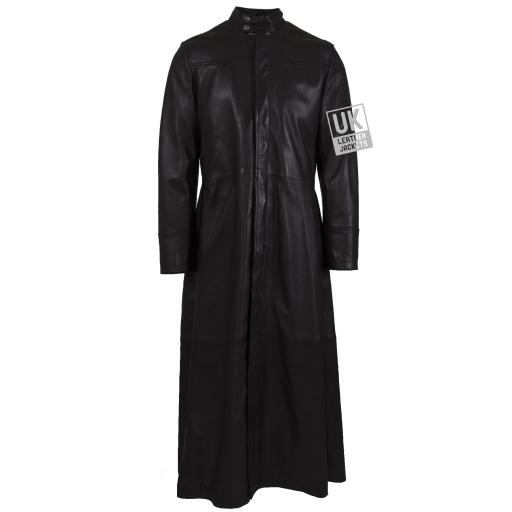 Mens Black Full Length Leather Coat - Gothic - Front