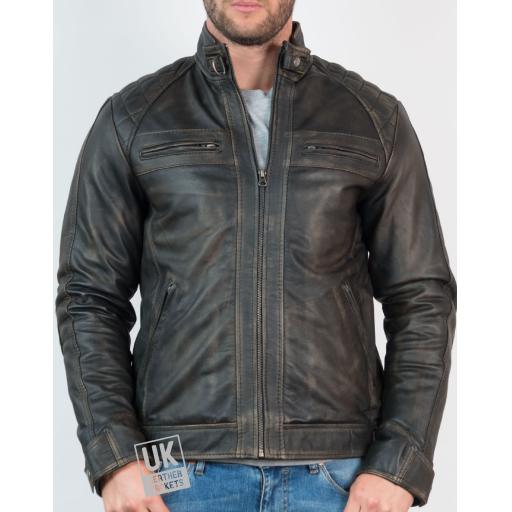 Mens Faded Black Leather Jacket - Lancer - Front Zipped