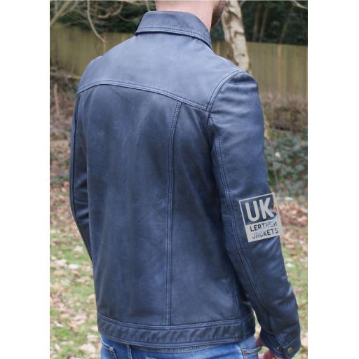 Mens Blue Leather Jacket - Flint - Vintage Blue - Back