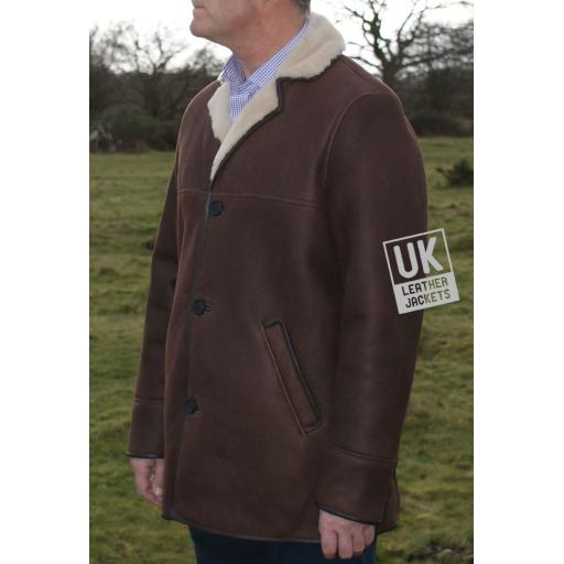 Mens Brown Sheepskin Car Coat - Foxhill -- Cream Wool - Front Side