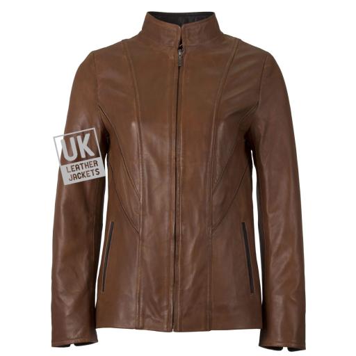 Women's Brown Leather Jacket - Anais - Turn Back Cuff