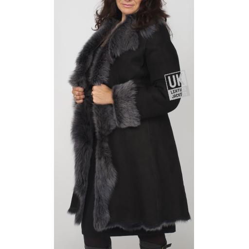 3/4 Knee Length Toscana Sheepskin Coat -Black - Monroe- Front 1