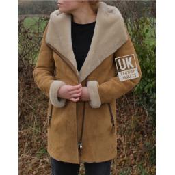 Womens Tan Merino Sheepskin Coat - Shawl Collar with Hood  Wool Lined