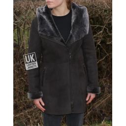 Womens Brown Merino Sheepskin Coat - Shawl Collar Hood