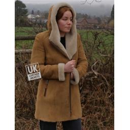 Womens Tan Merino Sheepskin Coat - Shawl Collar and Hood