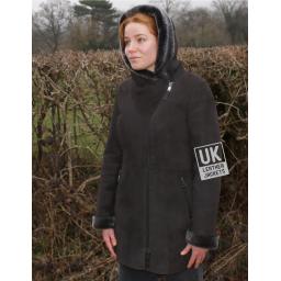 Womens Brown Merino Sheepskin Coat - Wool Lined Hood 