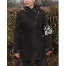 Womens Brown Merino Sheepskin Coat - Asymmetric Zip