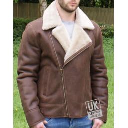 Mens Sheepskin Flying Jacket - Vail - Chestnut Brown -Asymmetric Zip