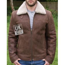 Mens Shearling Sheepskin Flying Jacket - Calgary - Chestnut Brown - Centre Zip