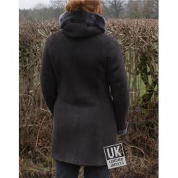 Womens Brown Merino Sheepskin Coat - Shawl Collar Hood - Back