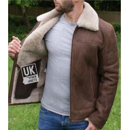 Mens Shearling Sheepskin Flying Jacket - Calgar - Chestnut Brown - Wool Interior