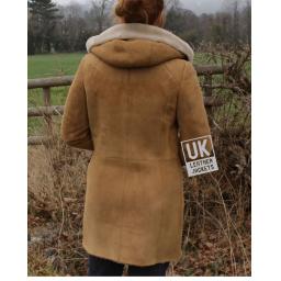 Womens Tan Merino Sheepskin Coat - Shawl Collar with Hood 