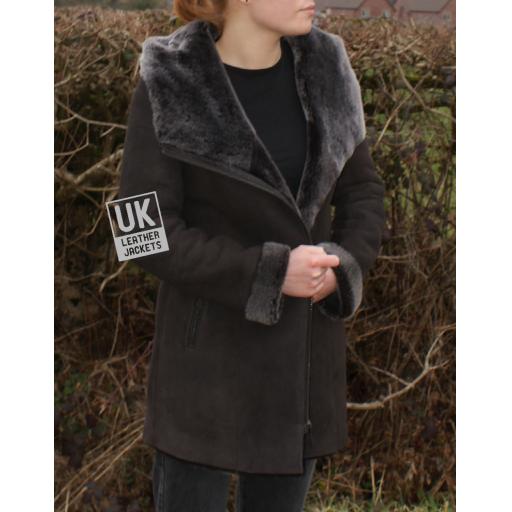 Womens Brown Merino Sheepskin Coat - Shawl Collar Hood