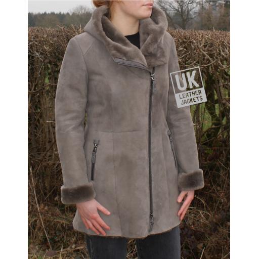 Womens Grey Merino Sheepskin Coat - Shawl Collar Hood - Asymmetric Zip