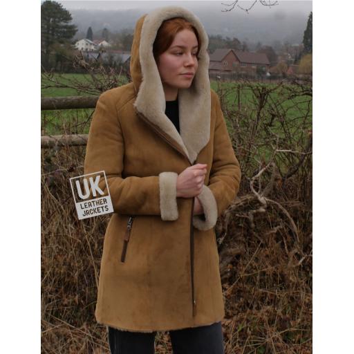 Womens Tan Merino Sheepskin Coat - Shawl Collar and Hood