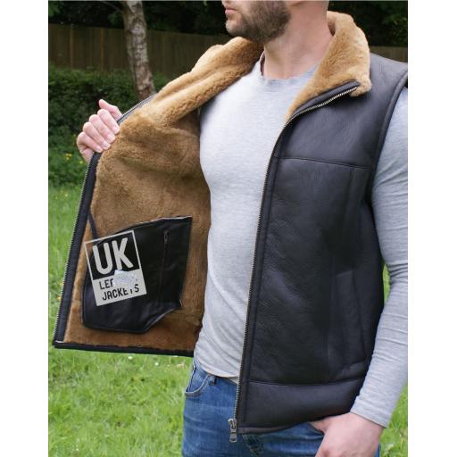 Mens Shearling Sheepskin Gilet - Vancouver - Brown Wool Interior