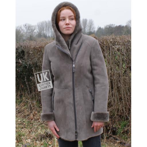 Womens Grey Merino Sheepskin Coat - Shawl Collar  with Hood