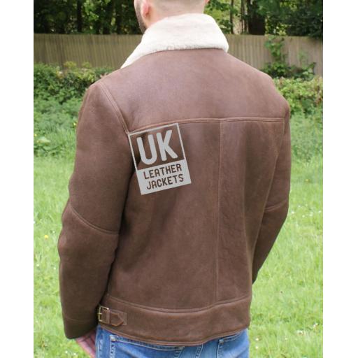 Mens Sheepskin Flying Jacket - Vail - Chestnut Brown - Waist Buckles