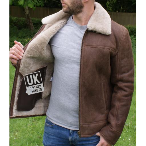 Mens Shearling Sheepskin Flying Jacket - Calgar - Chestnut Brown - Wool Interior