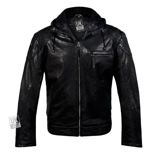 Mens Black Leather Hoodie - Argento - Diamond Stitch Panels