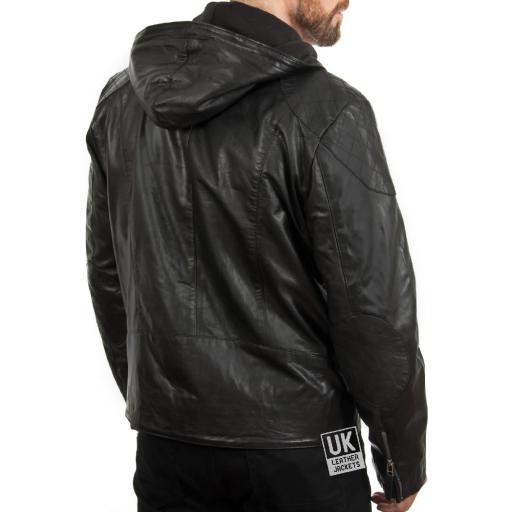 Mens Black Leather Hoodie - Argento - Back