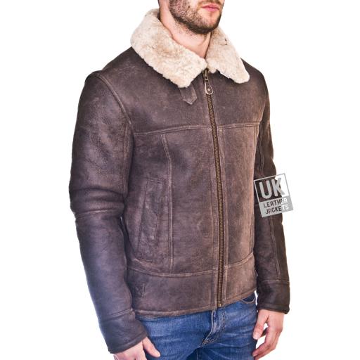 Mens Sheepskin Flying Jacket - Ontario - Distress Brown - Front Zip