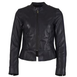 Womens Navy Blue Leather Leather Jacket - Paris - Front View