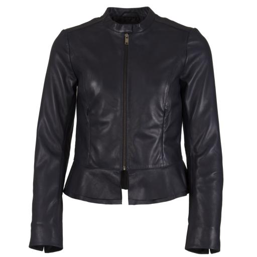 Womens Navy Blue Leather Leather Jacket - Paris - Front View