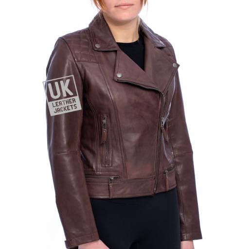 Womens Asymmetric Leather Jacket in Maroon Burgundy - Isla - Front