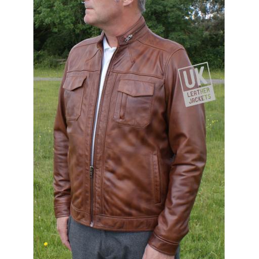 Men's Vintage Tan Leather Jacket - Becks - Front