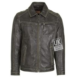 Mens Distressed Black Leather Jacket - Lance - Front