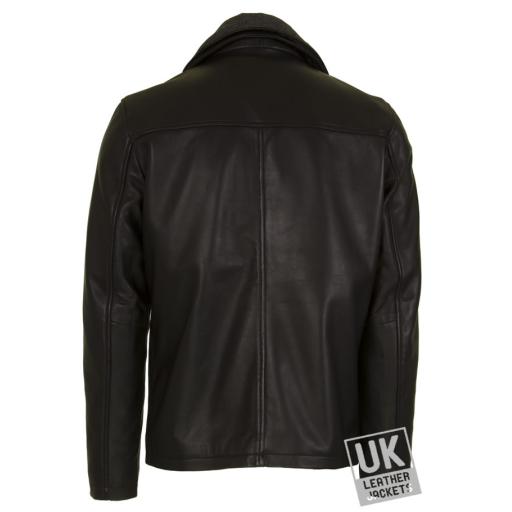 Mens Black Leather Jacket - Detach Inner Collar -Ibex - Back View