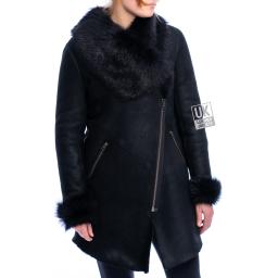 Womens Black Merino Sheepskin Toscana Coat - Asymmetric Zip - Toscana Collar